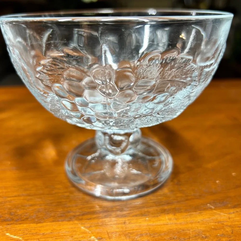 Vintage Clear Pressed Glass Fruit Embossed Footed Dessert Bowls Set of 2